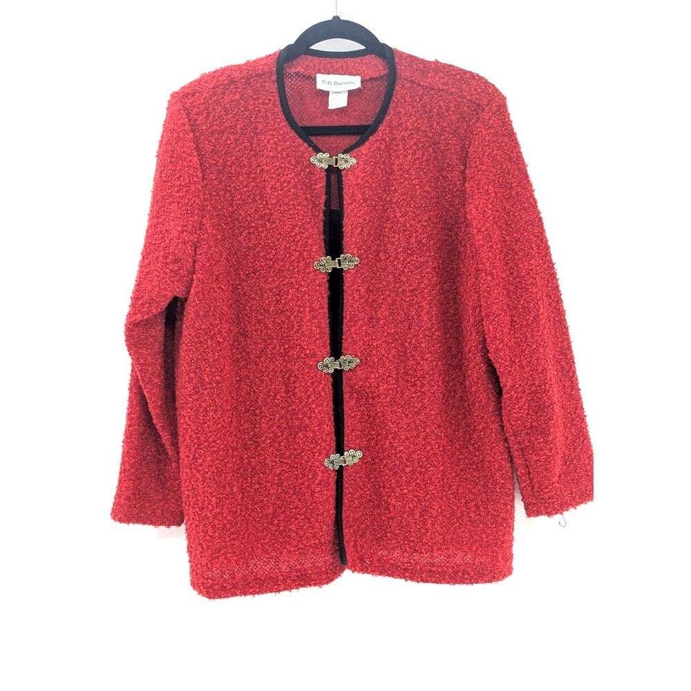 C.D. Daniels Vintage Red Knit Art Deco Clasps Black Trim Blazer Coat Size 1X